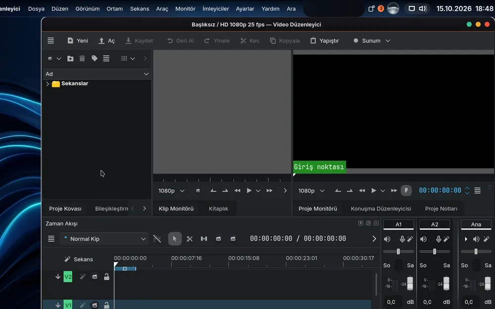 Video düzenleyicide zaman çizelgesi ve önizleme monitörleri