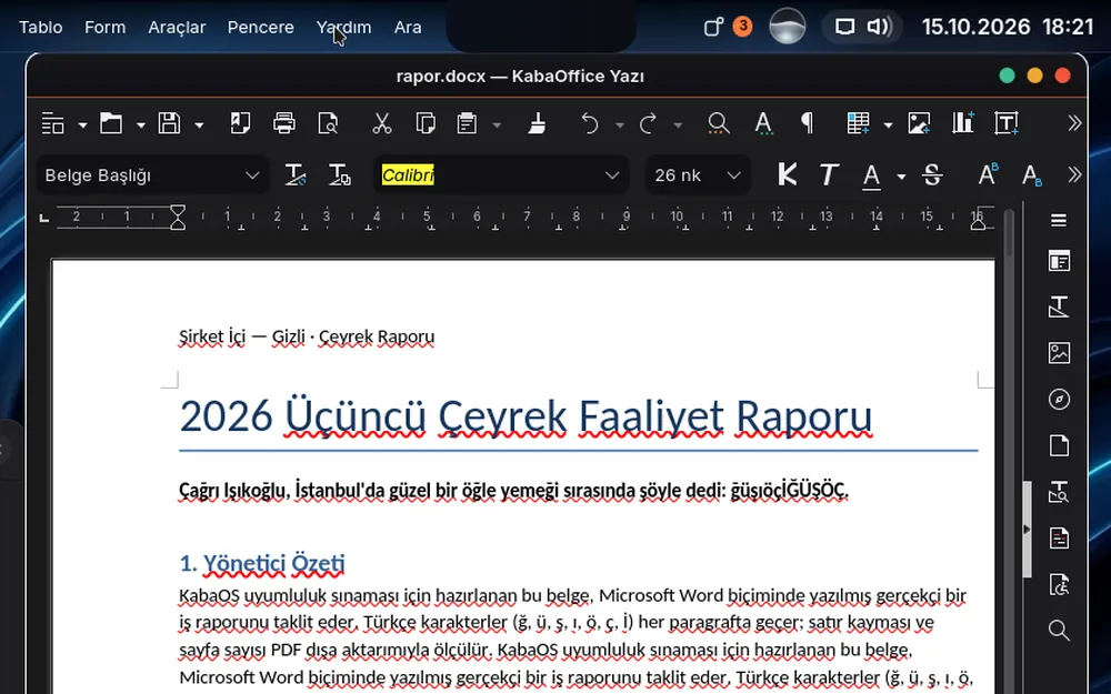 Yazı uygulamasında açık bir rapor belgesi